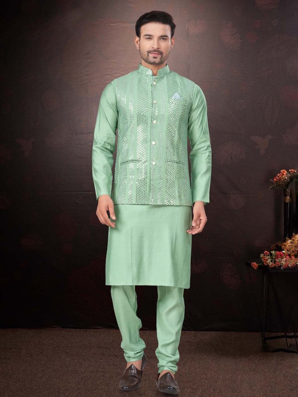 Sage Green Pure SIlk Readymade Kurta Pajama With Jacket